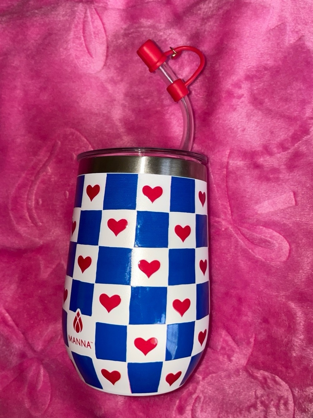 Manna Blue & White Checker Heart Tumbler with Red Straw